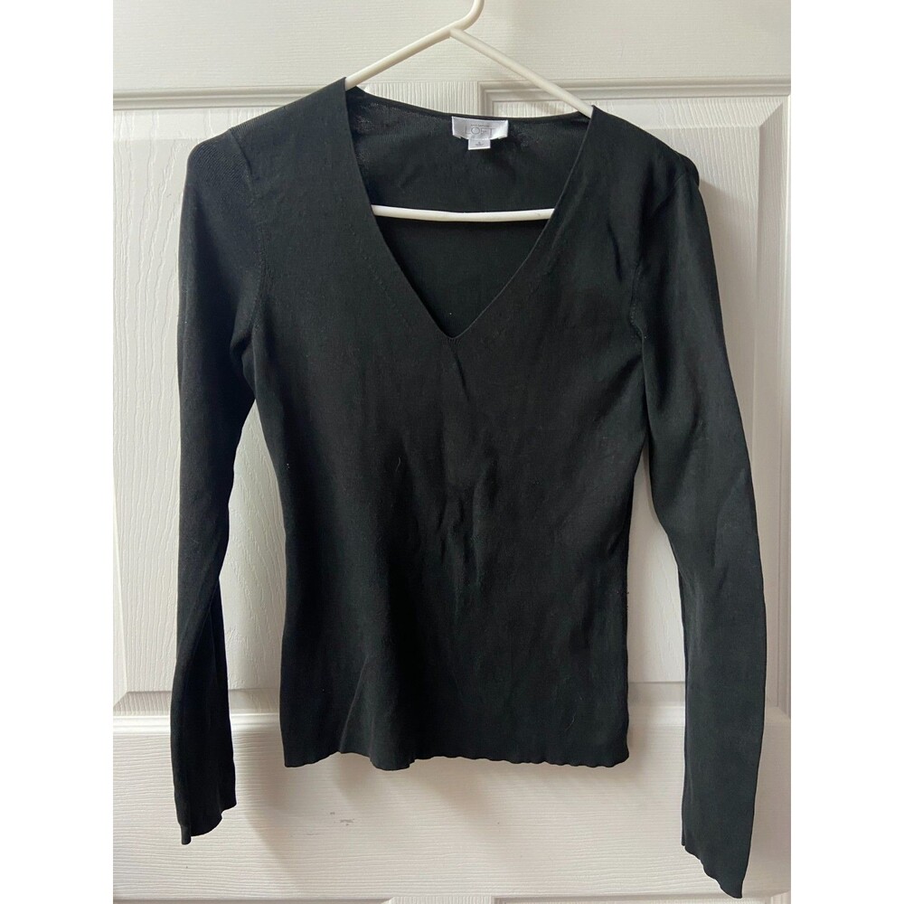 Ann Taylor Loft V Neck Sweater Pullover Womens Small Black Casual Sleeve Career